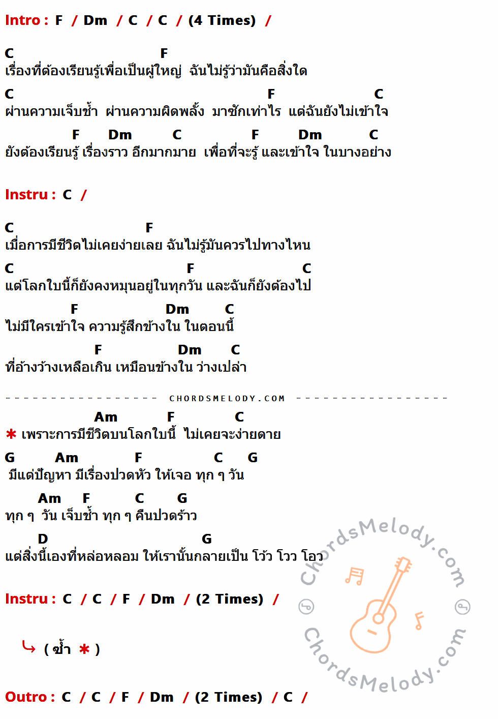 เนื้อเพลง Coming of Age ของ Pistols99 มีคอร์ดกีต้าร์ ในคีย์ที่ต่างกัน C,Am,G,Em,D,A