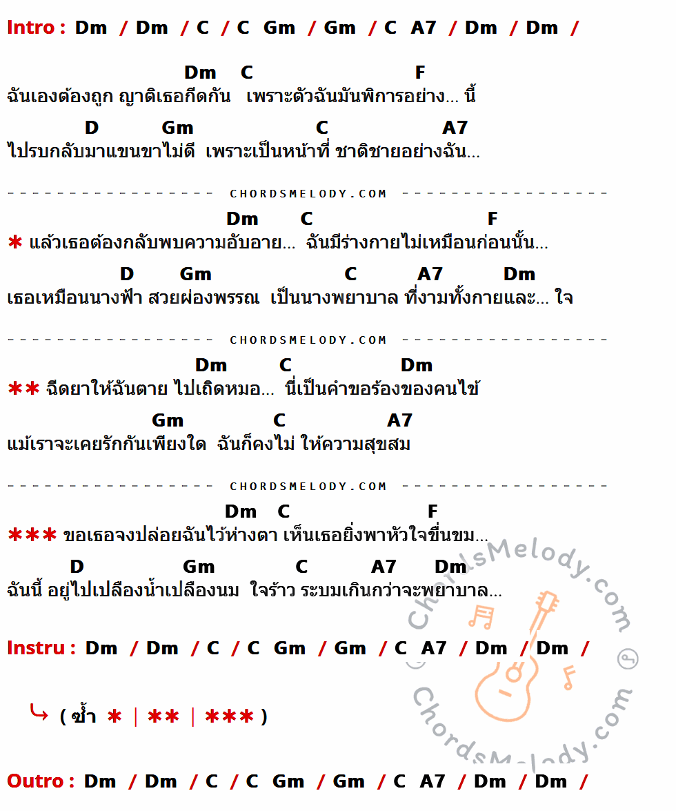 เนื้อเพลง ทหารพิการรัก ของ จ่าหลอย เฮนรี มีคอร์ดกีต้าร์ ในคีย์ที่ต่างกัน Am,G,Dm,E7,C,A