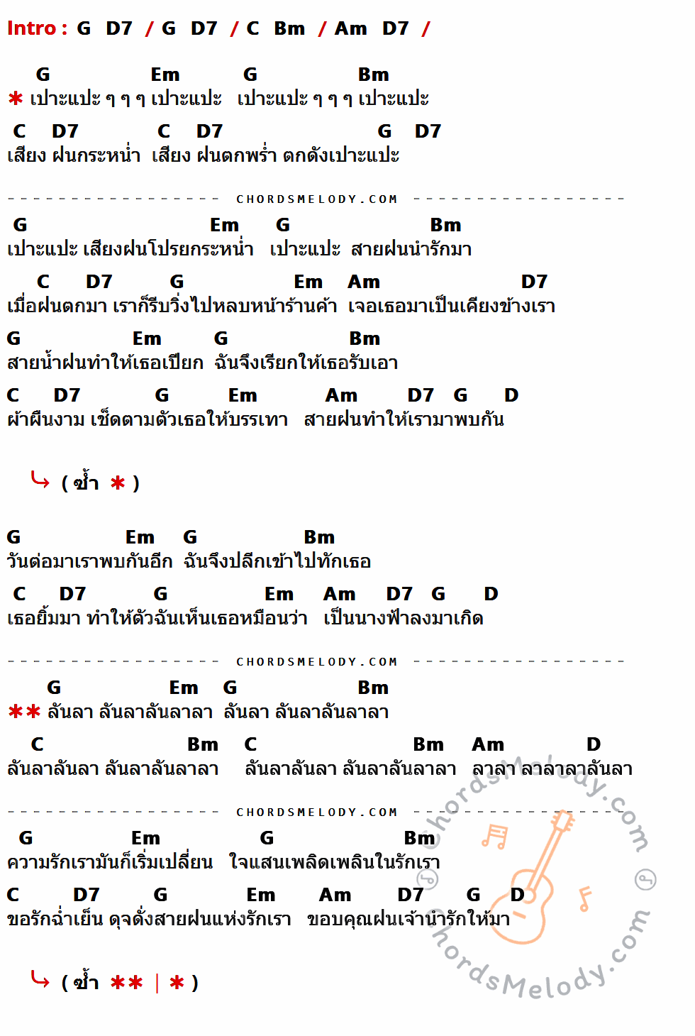 เนื้อเพลง เปาะแปะ ของ คีรีบูน มีคอร์ดกีต้าร์ ในคีย์ที่ต่างกัน G,Em,Bm,C,D7,Am,D