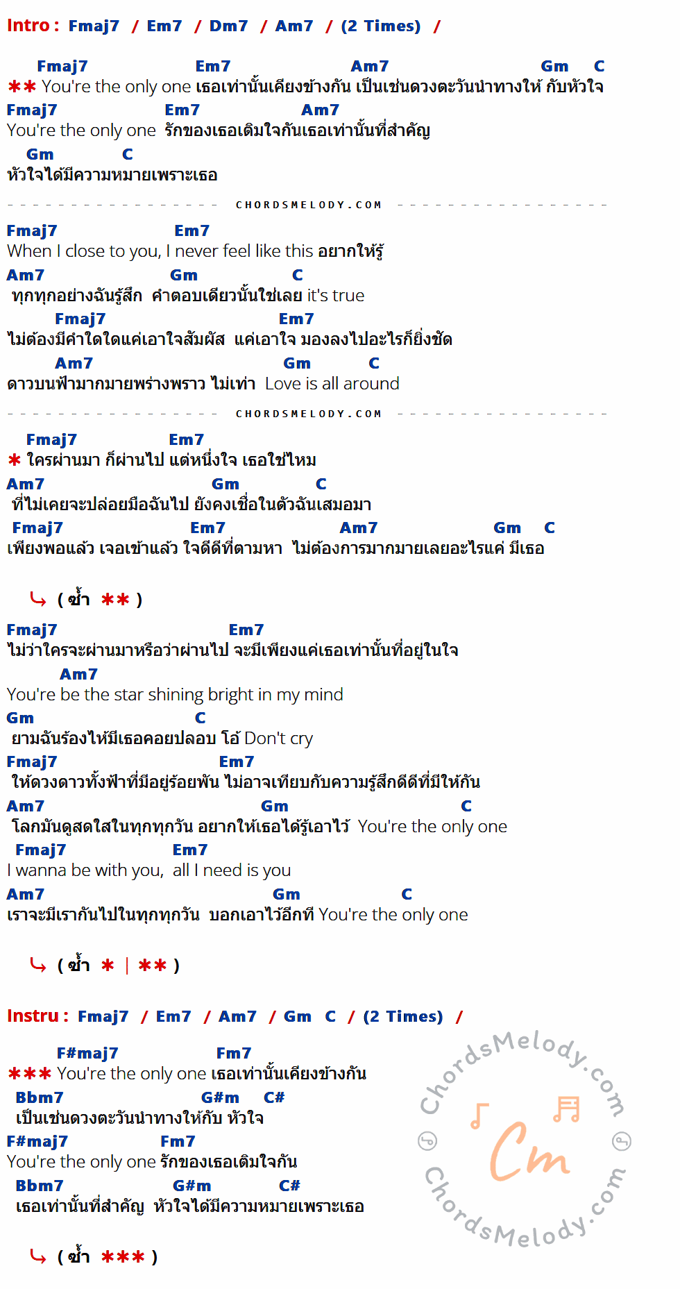 คอร์ดเพลง The Only One - Tiny-G M เนื้อร้อง มีคอร์ดกีต้าร์ ในกลุ่มคีย์ Fmaj7,Em7,Dm7,Am7,Gm,C,F#maj7,Fm7,Bbm7,G#m,C# กำกับ