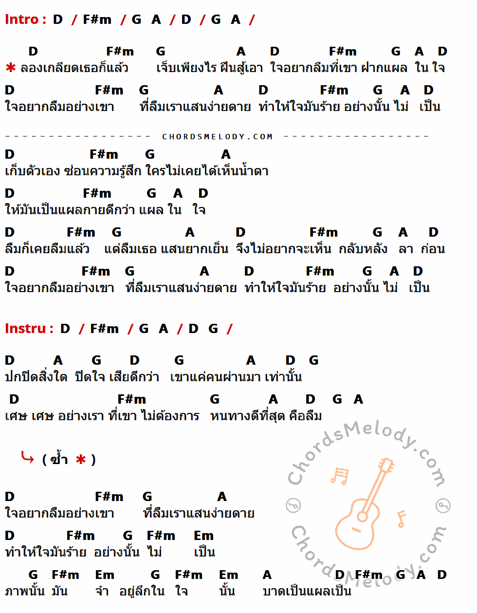 เนื้อเพลง แผลเป็น ของ อิทธิ พลางกูล มีคอร์ดกีต้าร์ ในคีย์ที่ต่างกัน D,F#m,G,A,Em