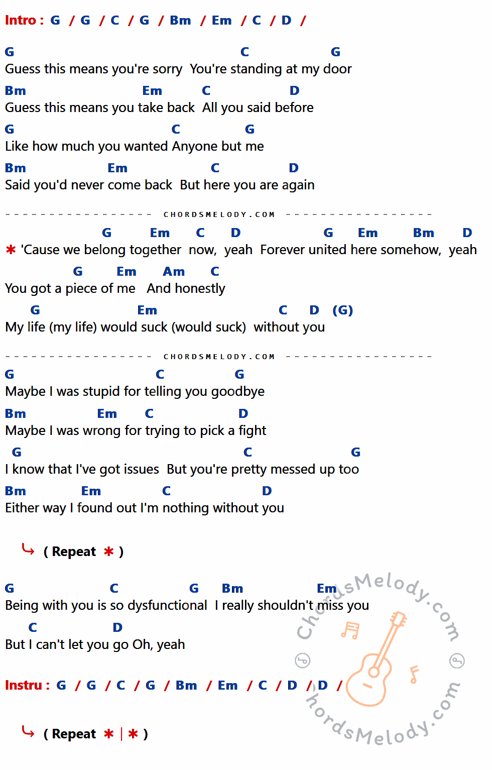 คอร์ดเพลง My Life Would Suck Without You - Kelly Clarkson เนื้อร้อง มีคอร์ดกีต้าร์ ในกลุ่มคีย์ G,C,Bm,Em,D,Am กำกับ