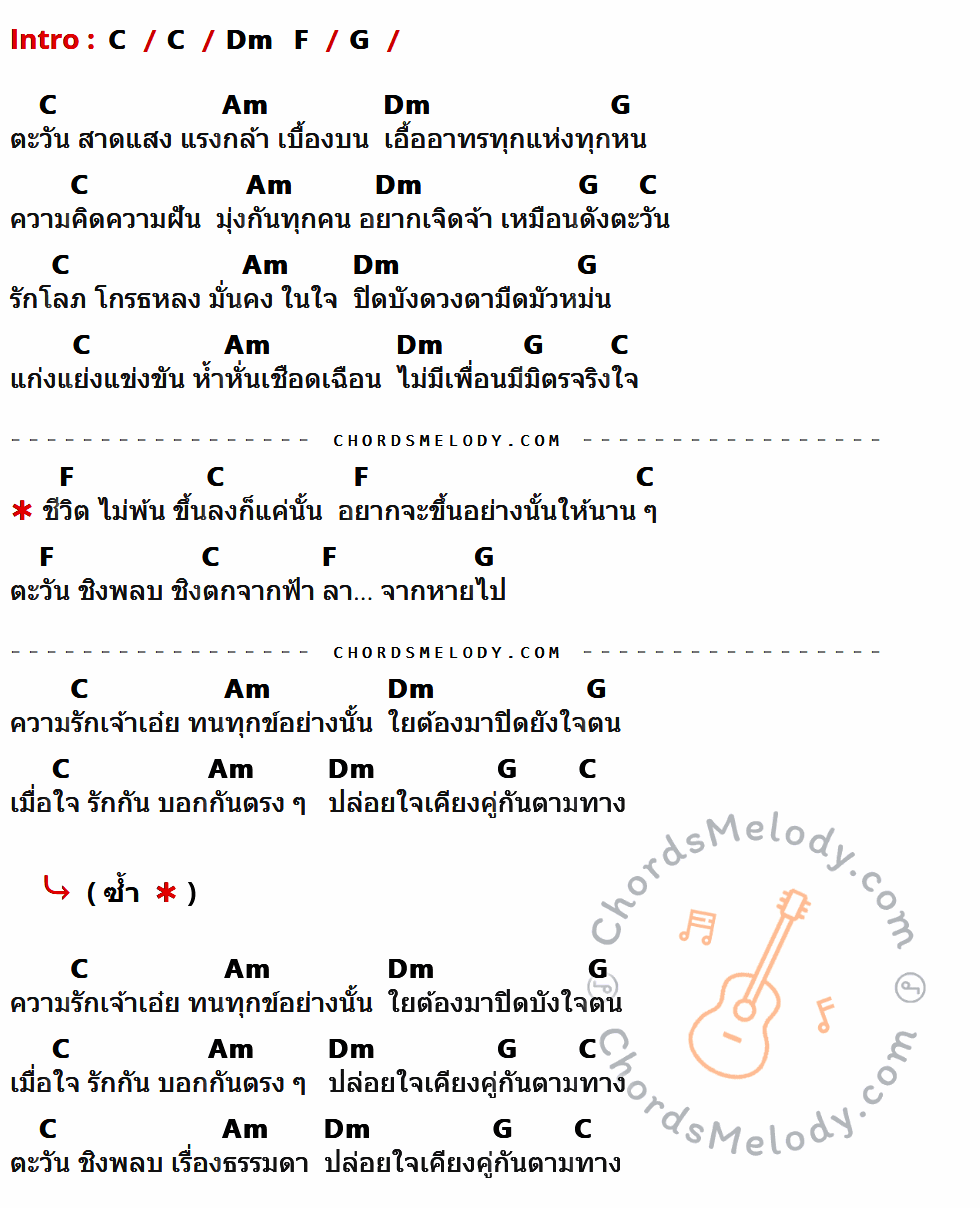 เนื้อเพลง ตะวันชิงพลบ ของ พงษ์สิทธิ์ คัมภีร์ มีคอร์ดกีต้าร์ ในคีย์ที่ต่างกัน G,Am,C,D,Em