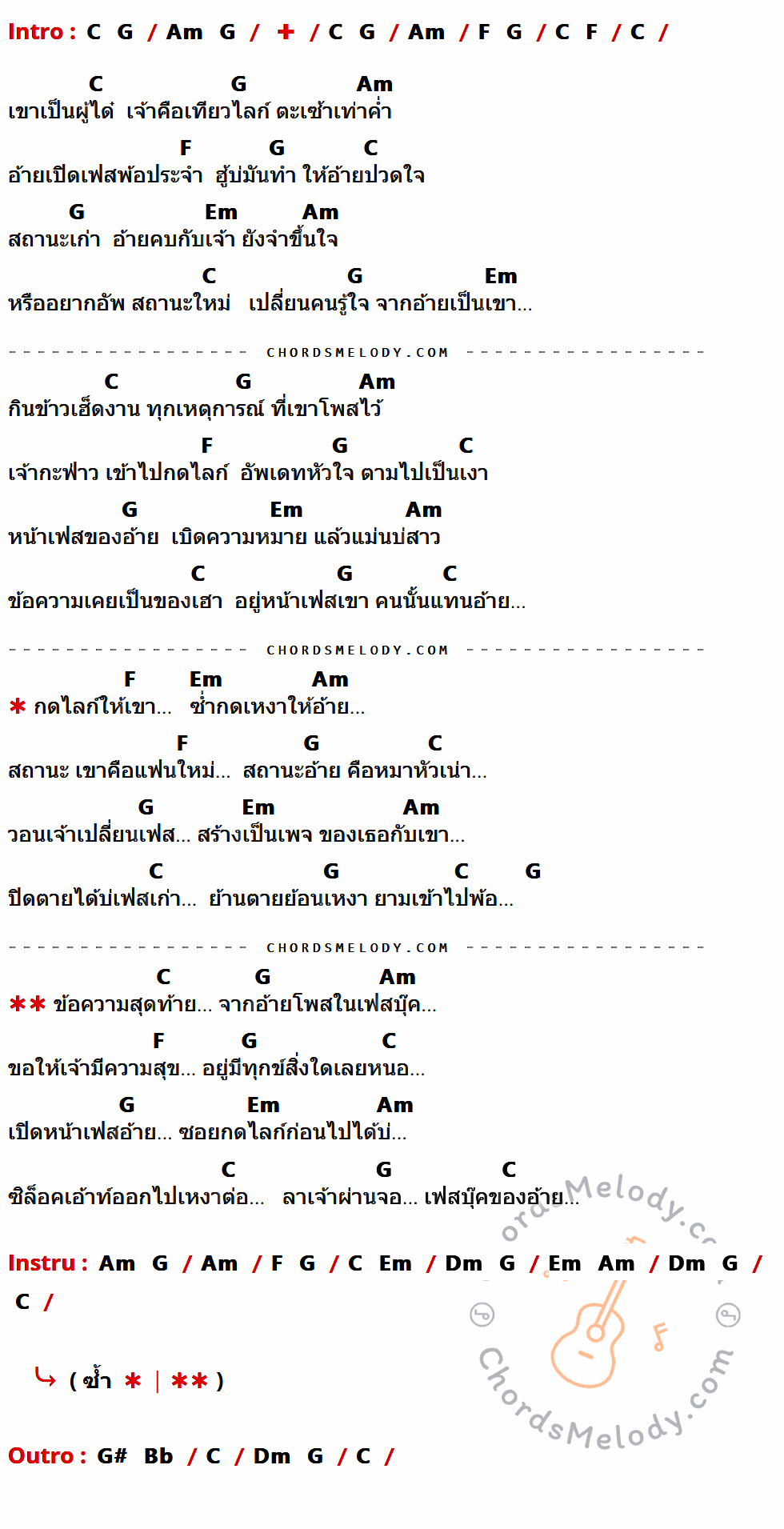 คอร์ดเพลง กดไลค์ให้เขา กดเหงาให้อ้าย - เพชร สหรัตน์ เนื้อร้อง มีคอร์ดกีต้าร์ ในกลุ่มคีย์ Am,C,G,F,Em กำกับ