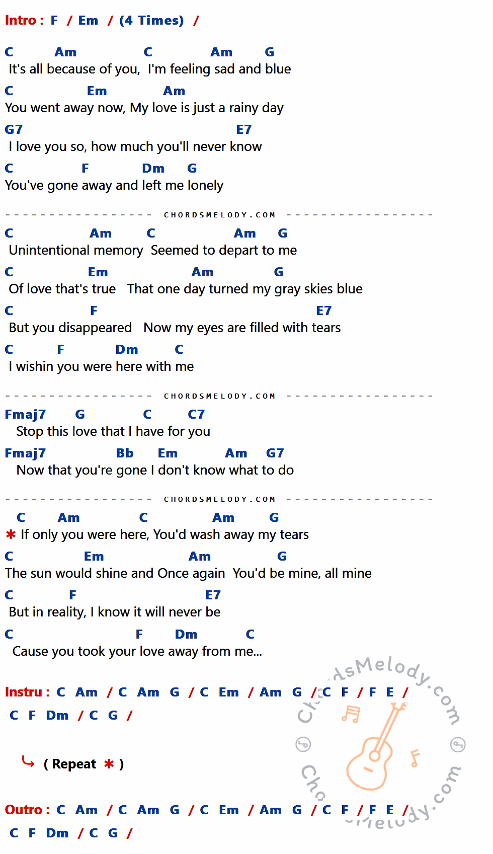 คอร์ดเพลง Sukiyaki - A Taste Of Honey เนื้อร้อง มีคอร์ดกีต้าร์ ในกลุ่มคีย์ F,Em,C,Am,G,G7,E7,Dm,Fmaj7,C7,Bb กำกับ