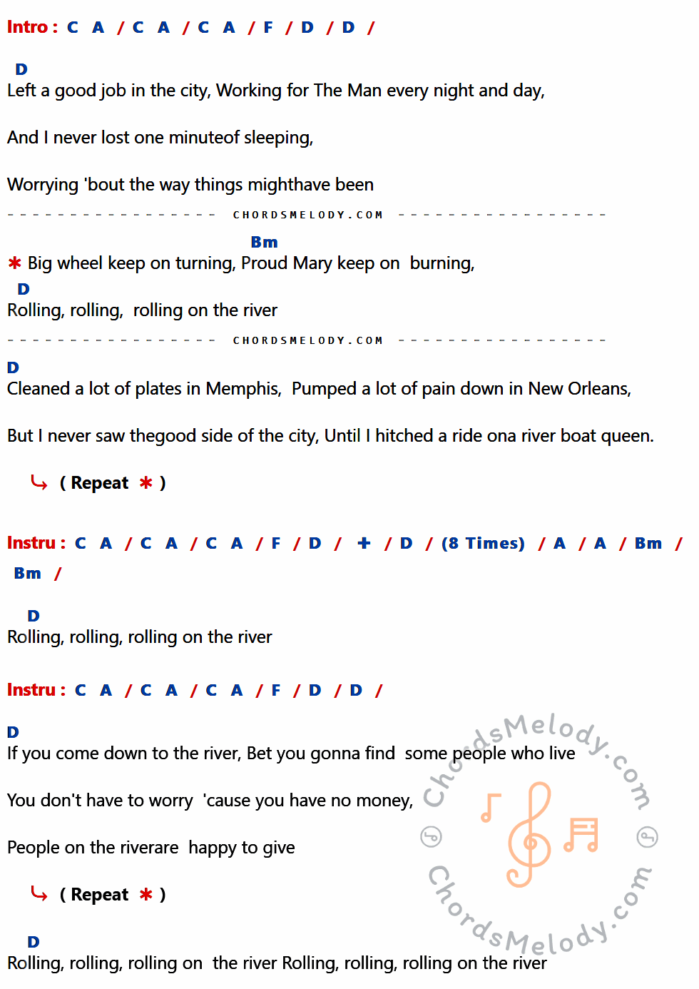 เนื้อเพลง Pround Mary ของ Credence Clearwater Revival ที่มีคอร์ดกีต้าร์ C,A,F,D,Bm