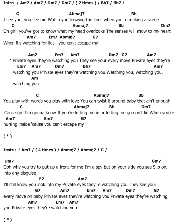 คอร์ดเพลง เนื้อเพลง Private Eyes, คอร์ดเพลง Private Eyes ของ Dary Hall John Oates, คอร์ดเพลงของ Dary Hall John Oates, เนื้อร้อง Private Eyes Dary Hall John Oates, Private Eyes คอร์ดง่าย ๆ, คอร์ด Private Eyes ต้นฉบับ