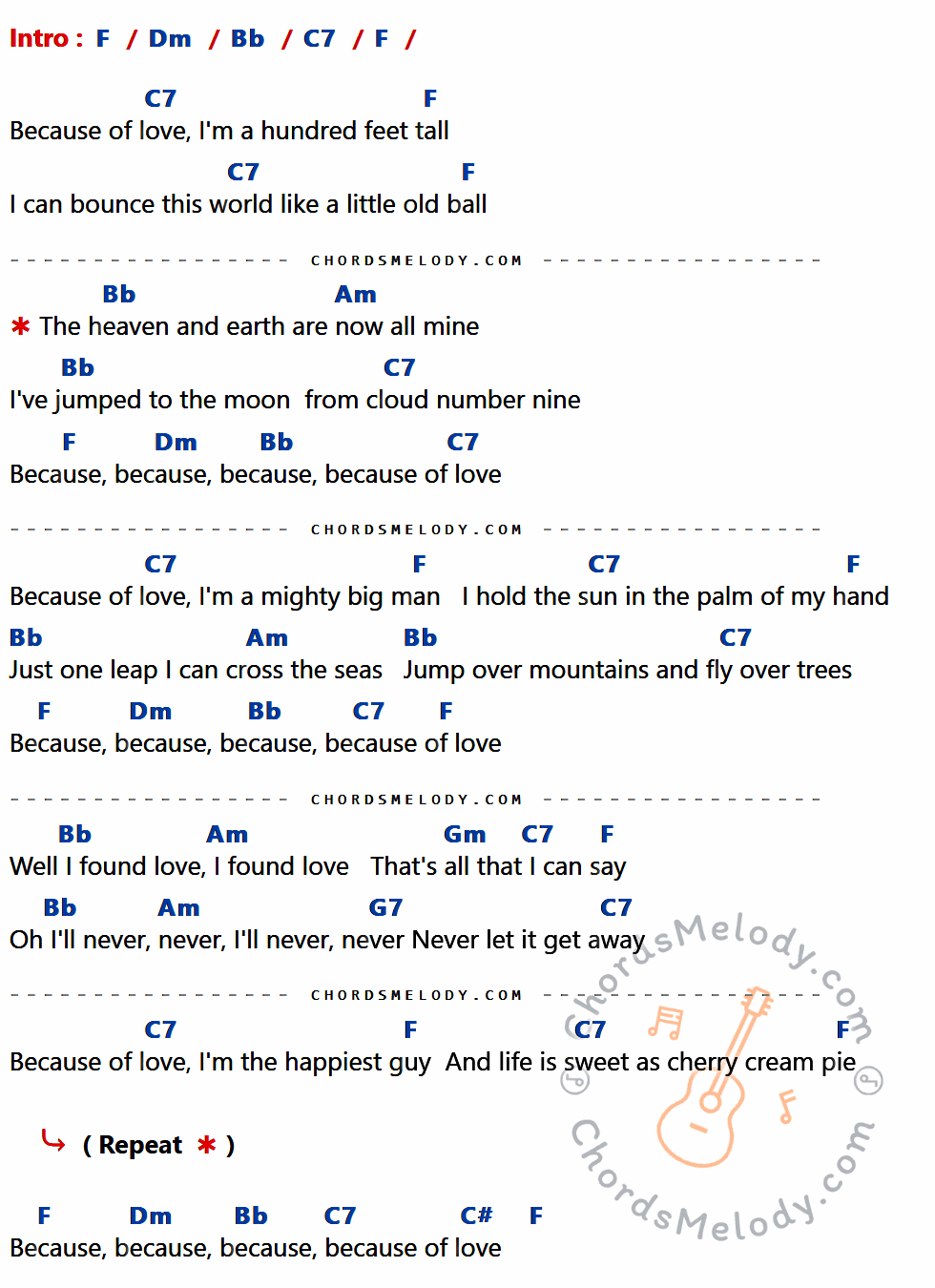 เนื้อเพลง Because Of Love ของ Elvis presley ที่มีคอร์ด ในกลุ่มคีย์ F,Dm,Bb,C7,Am,Gm,G7,C# ประกอบ