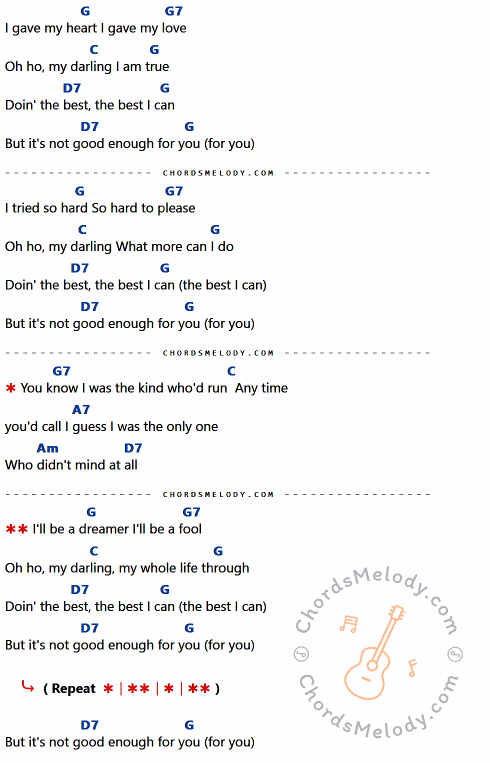 เนื้อเพลง Doin' The Best I Can ของ Elvis presley ที่มีคอร์ด ในกลุ่มคีย์ G,G7,C,D7,A7,Am ประกอบ