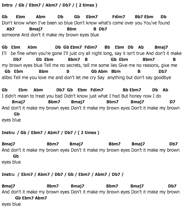 คอร์ดเพลง เนื้อเพลง Don't It Make My Brown Eyes Blue, คอร์ดเพลง Don't It Make My Brown Eyes Blue ของ Crystal Gayle, คอร์ดเพลงของ Crystal Gayle, เนื้อร้อง Don't It Make My Brown Eyes Blue Crystal Gayle, Don't It Make My Brown Eyes Blue คอร์ดง่าย ๆ, คอร์ด Don't It Make My Brown Eyes Blue ต้นฉบับ