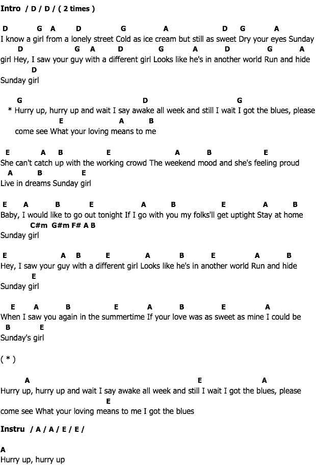 คอร์ดเพลง เนื้อเพลง Sunday Girl, คอร์ดเพลง Sunday Girl ของ Blondie, คอร์ดเพลงของ Blondie, เนื้อร้อง Sunday Girl Blondie, Sunday Girl คอร์ดง่าย ๆ, คอร์ด Sunday Girl ต้นฉบับ