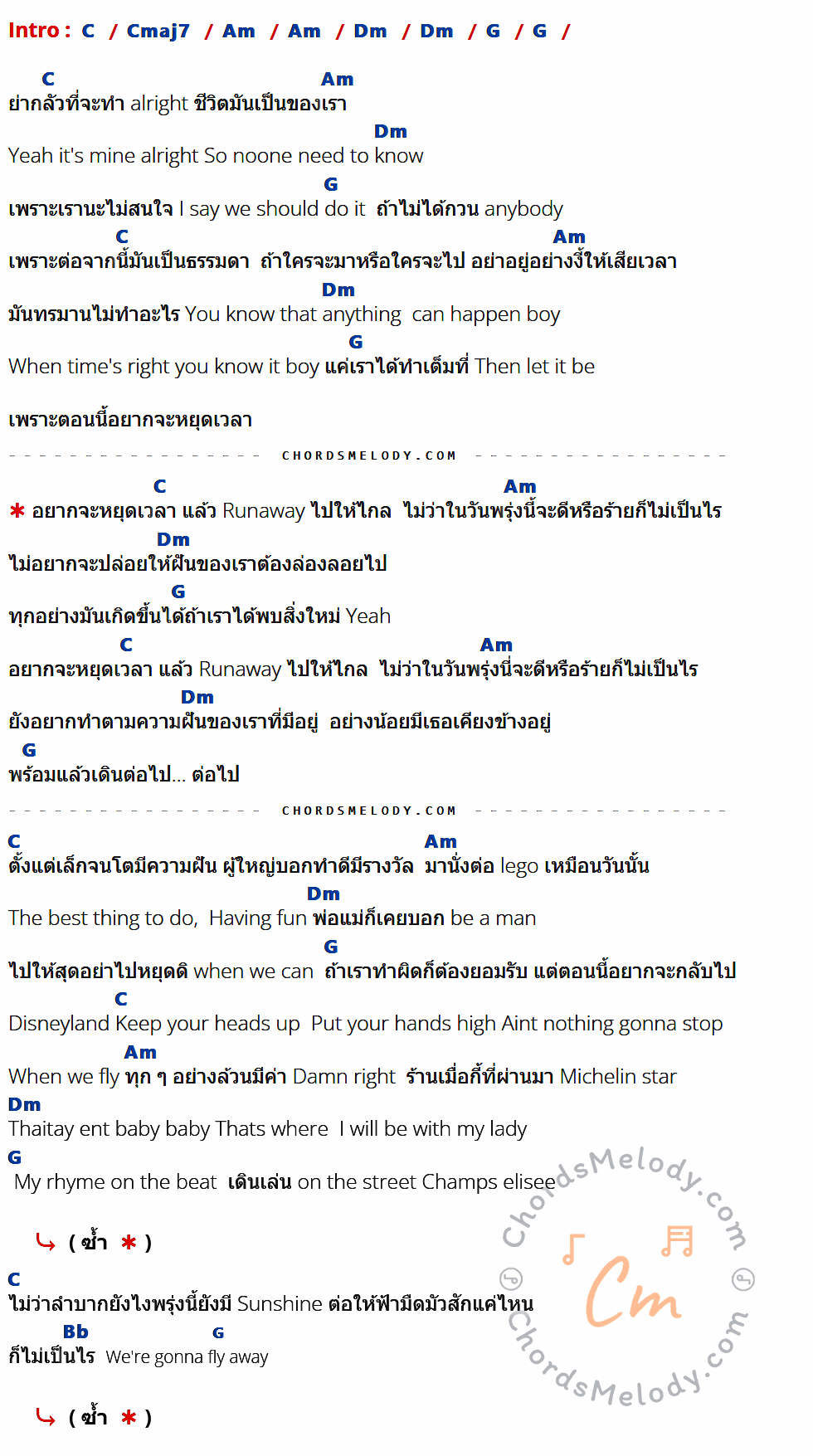 เนื้อเพลง Runaway ของ Mindset Feat.Bee Xoomsai ที่มีคอร์ด ในกลุ่มคีย์ C,Cmaj7,Am,Dm,G,Bb ประกอบ