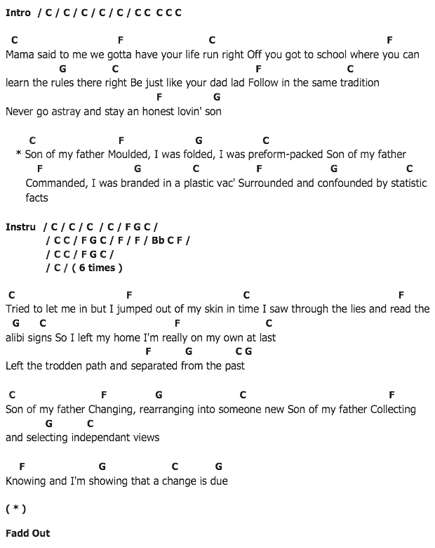 คอร์ดเพลง เนื้อเพลง Son Of My Father, คอร์ดเพลง Son Of My Father ของ Chocory Tip, คอร์ดเพลงของ Chocory Tip, เนื้อร้อง Son Of My Father Chocory Tip, Son Of My Father คอร์ดง่าย ๆ, คอร์ด Son Of My Father ต้นฉบับ