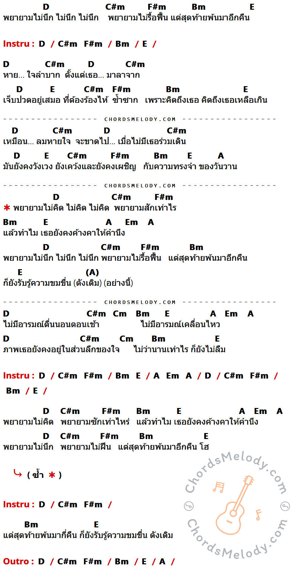 เนื้อเพลง พยายามไม่คิด ของ ฮอน ที่มีคอร์ด ในกลุ่มคีย์ D,C#m,F#m,Bm,E,A,Em,Cm ประกอบ