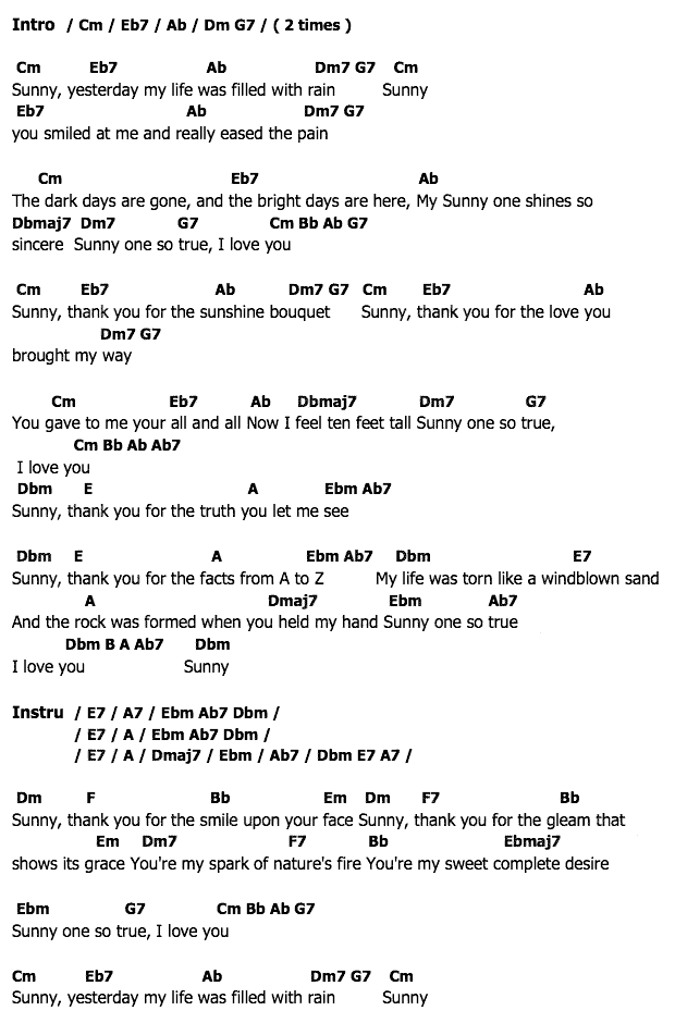 คอร์ดเพลง เนื้อเพลง Sunny, คอร์ดเพลง Sunny ของ Boney M, คอร์ดเพลงของ Boney M, เนื้อร้อง Sunny Boney M, Sunny คอร์ดง่าย ๆ, คอร์ด Sunny ต้นฉบับ
