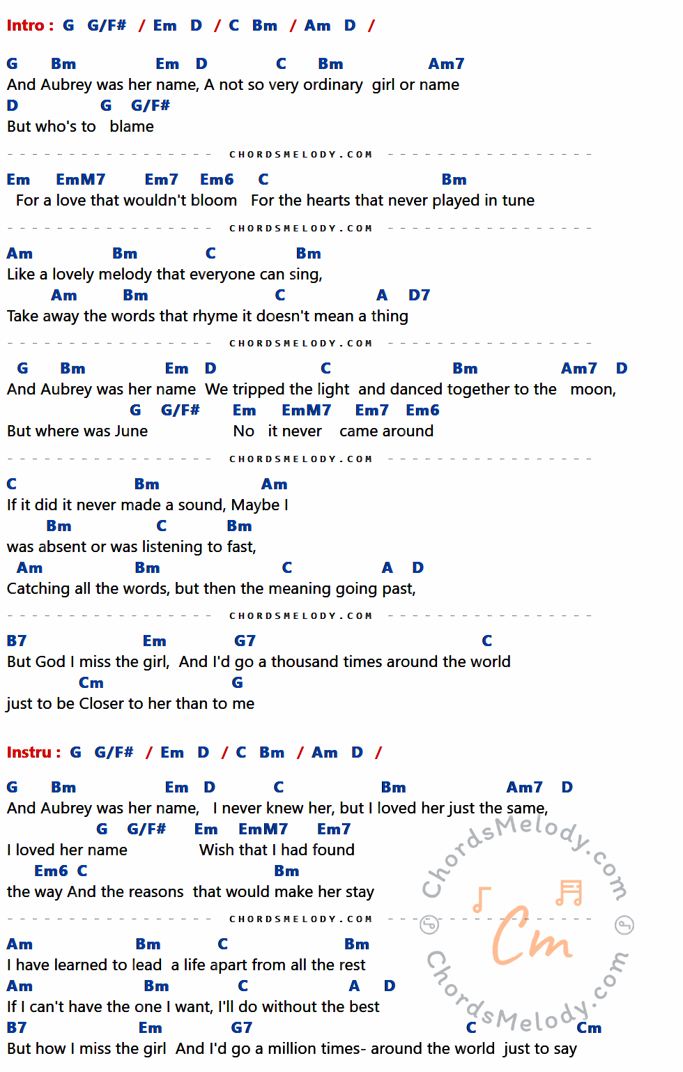 เนื้อเพลง Aubrey ของ Bread ที่มีคอร์ด ในกลุ่มคีย์ G,G/F#,Em,D,C,Bm,Am,Am7,EmM7,Em7,Em6,A,D7,B7,G7,Cm ประกอบ