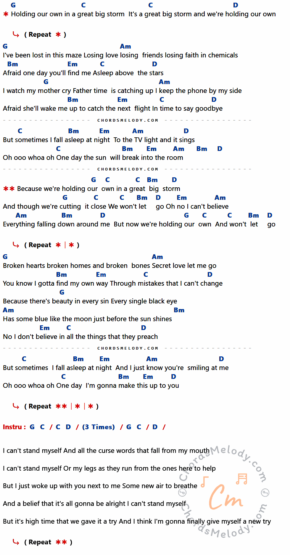 เนื้อเพลง Great Big Storm ของ Nate Ruess ที่มีคอร์ด ในกลุ่มคีย์ G,C,D,Am,Bm,Em ประกอบ