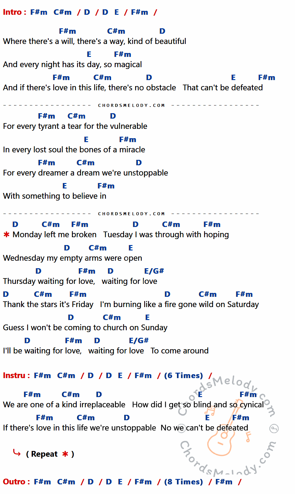 เนื้อเพลง Waiting For Love ของ Avicii ที่มีคอร์ดกีต้าร์ F#m,C#m,D,E,E/G#