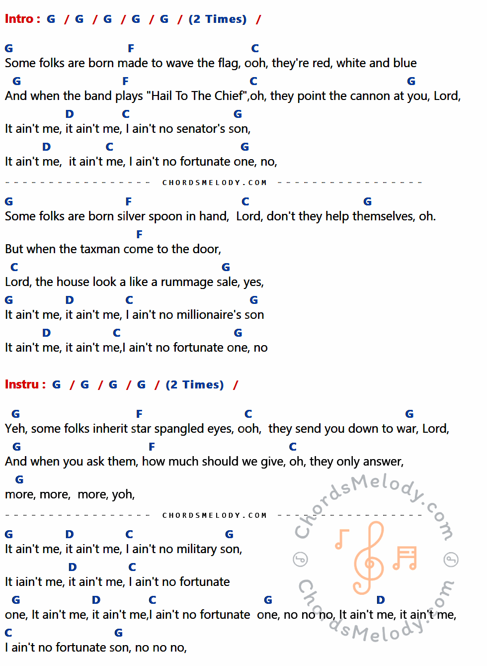 เนื้อเพลง Fortunate Son ของ Credence Clearwater Revival ที่มีคอร์ด ในกลุ่มคีย์ G,F,C,D ประกอบ
