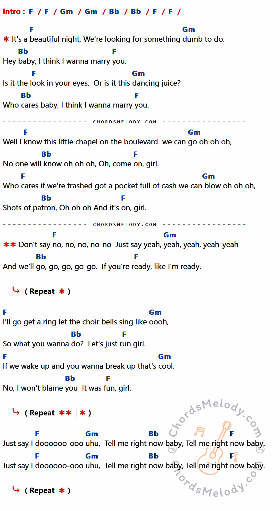 เนื้อเพลง Marry You ของ Bruno Mars ที่มีคอร์ด ในกลุ่มคีย์ F,Gm,Bb ประกอบ