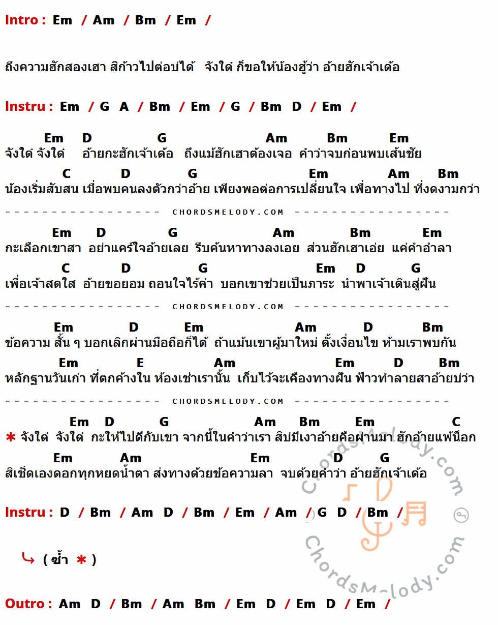 เนื้อเพลง อ้ายฮักเจ้าเด้อ ของ มนต์แคน แก่นคูน ที่มีคอร์ดกีต้าร์ Em,Am,Bm,G,A,D,C,E