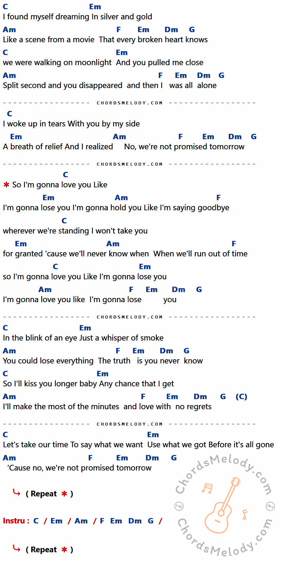 เนื้อเพลง Like I'm Gonna Lose You ของ Meghan Trainor Feat.John Legend ที่มีคอร์ด ในกลุ่มคีย์ C,Em,Am,F,Dm,G ประกอบ