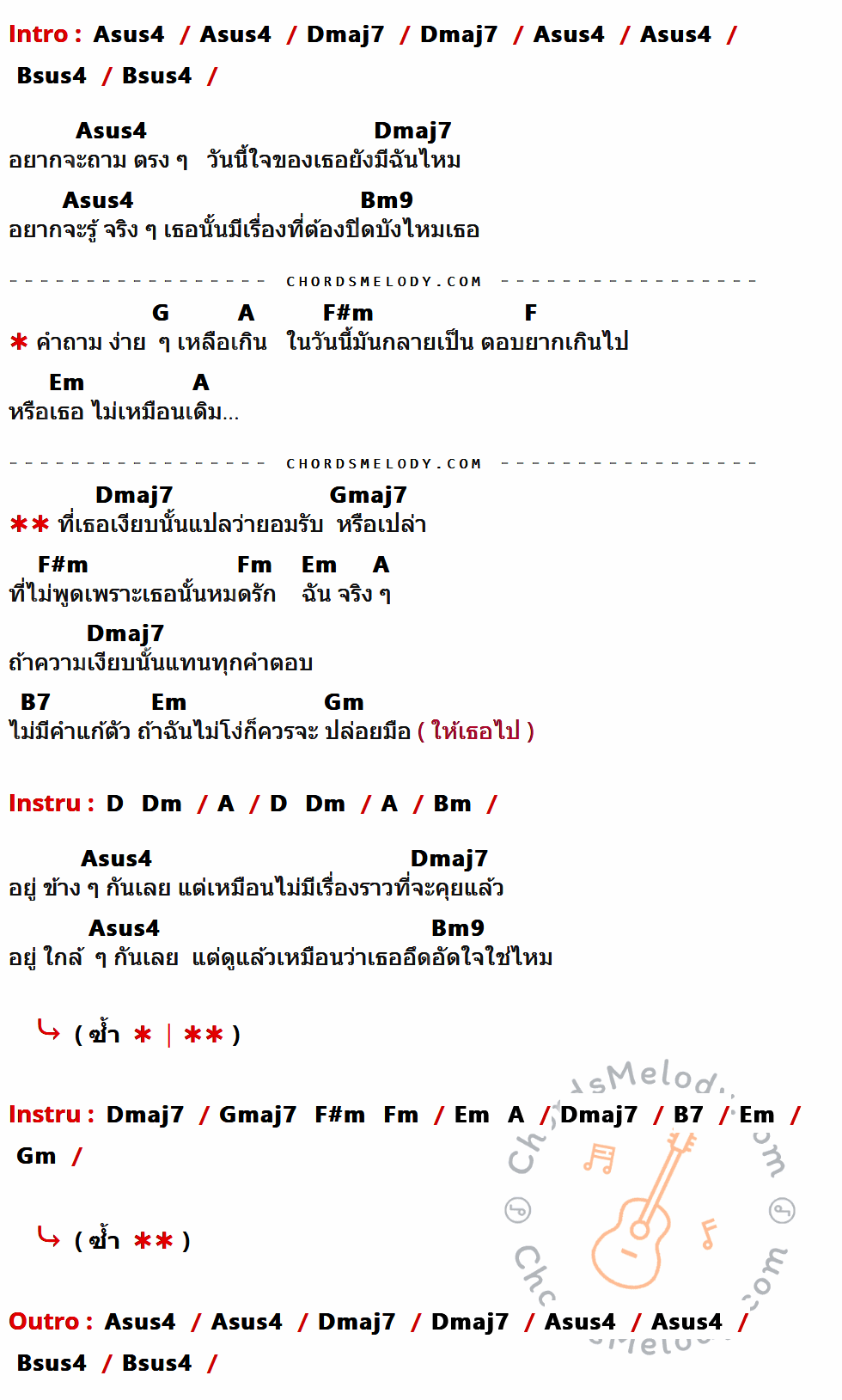 เนื้อเพลง เงียบ ของ นิว ภชพน ที่มีคอร์ดกีต้าร์ Asus4,Dmaj7,Bsus4,Bm9,G,A,F#m,F,Em,Gmaj7,Fm,B7,Gm,D,Dm,Bm