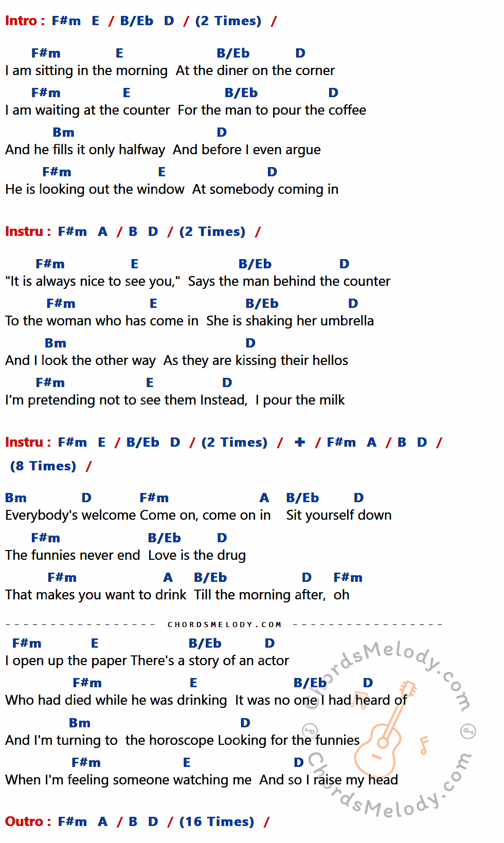 เนื้อเพลง Tom's Diner ของ Giorgio Moroder Feat.Britney Spears ที่มีคอร์ด ในกลุ่มคีย์ F#m,E,B/Eb,D,Bm,A,B ประกอบ