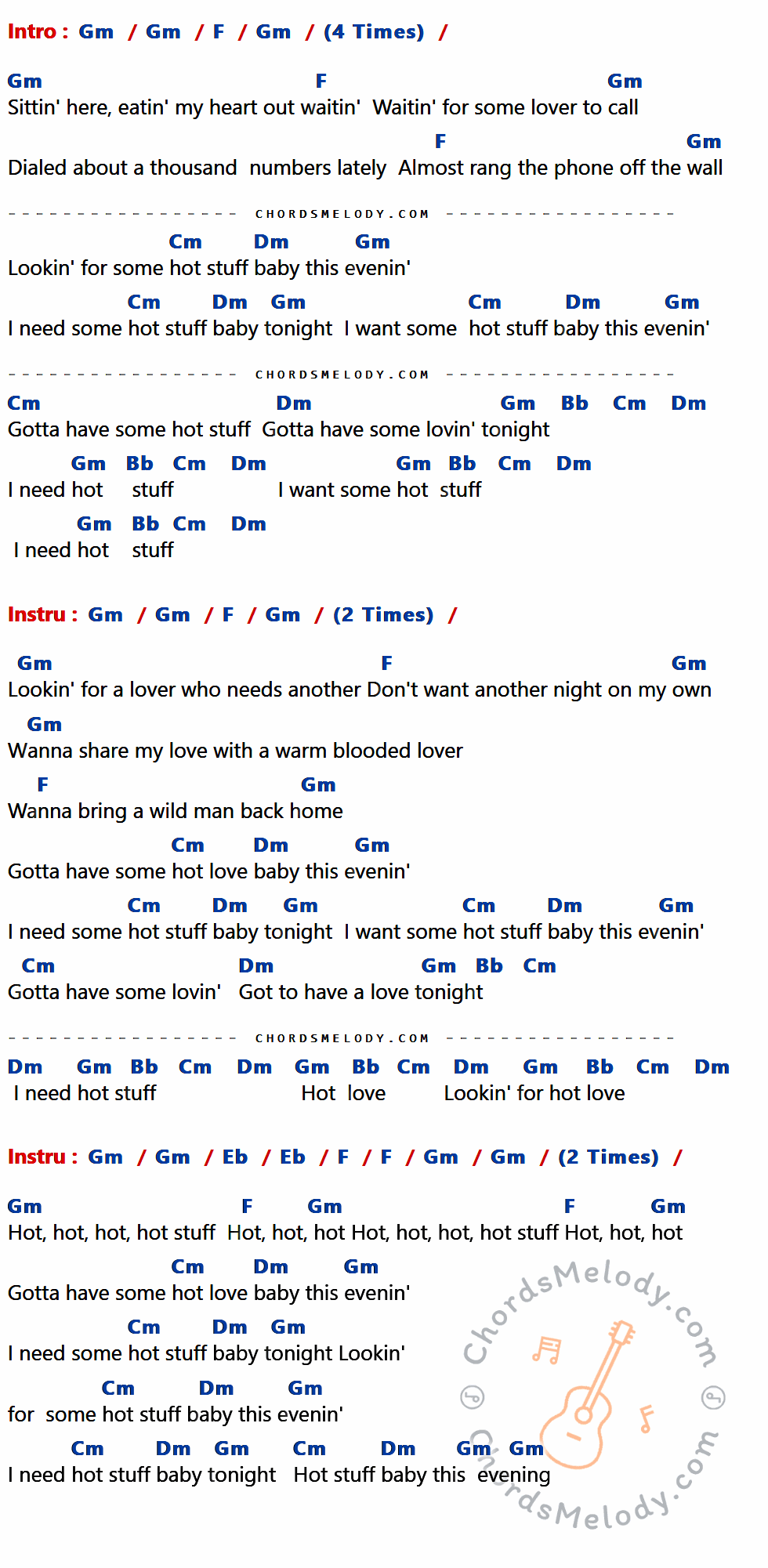 เนื้อเพลง Hot Stuff ของ Donna Summer ที่มีคอร์ด ในกลุ่มคีย์ Gm,F,Cm,Dm,Bb,Eb ประกอบ