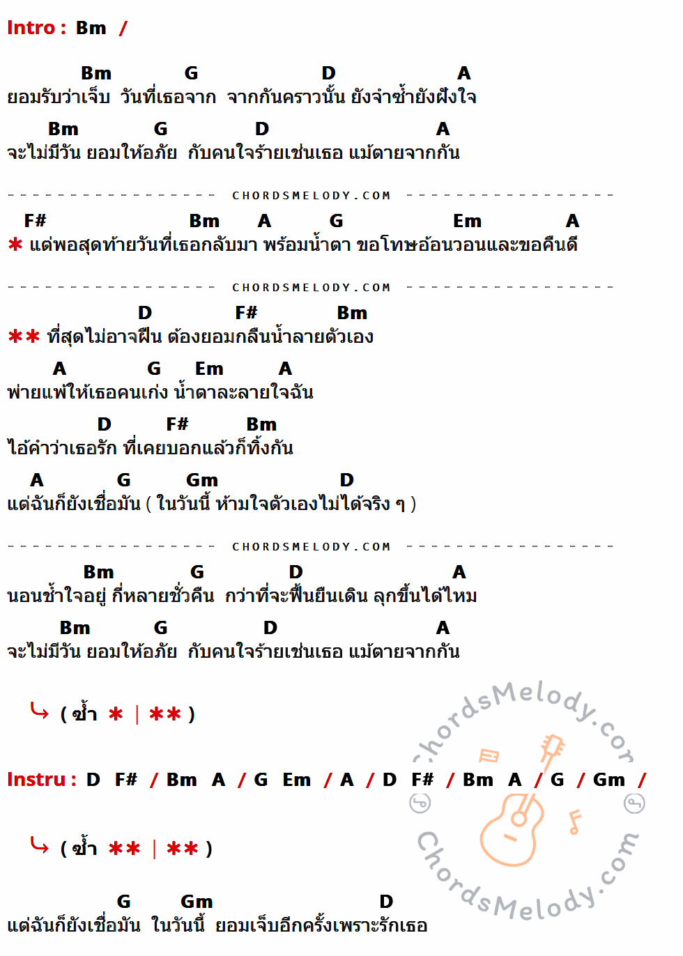 เนื้อเพลง กลืนน้ำลาย ของ New old stock ที่มีคอร์ดกีต้าร์ Bm,G,D,A,F#,Em,Gm