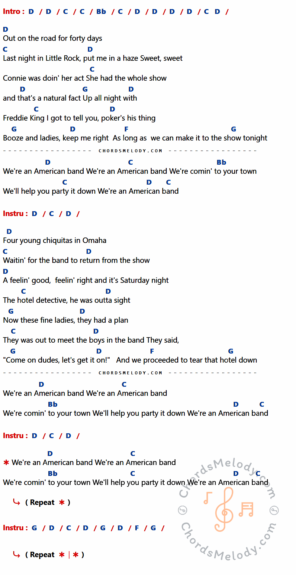 เนื้อเพลง We're An Amercan Band ของ Grand Frank Rallroad ที่มีคอร์ด ในกลุ่มคีย์ D,C,Bb,G,F ประกอบ