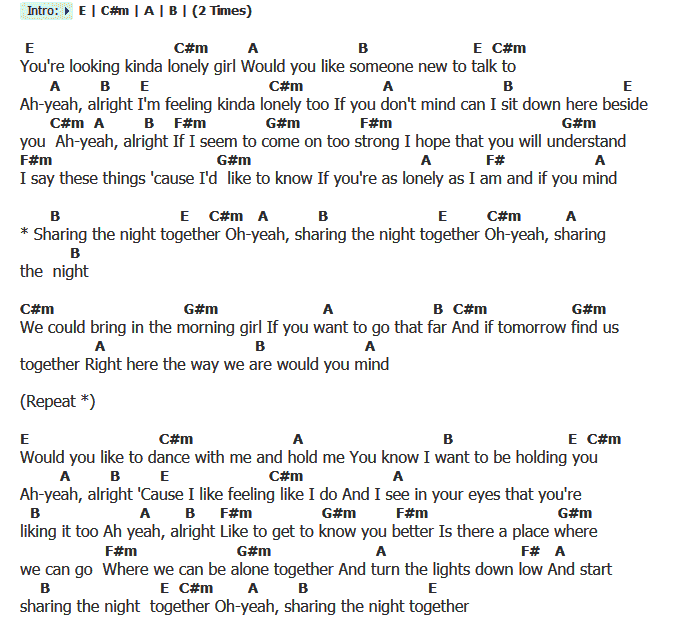 คอร์ดเพลง เนื้อเพลง Sharing The Night Together, คอร์ดเพลง Sharing The Night Together ของ Dr. Hook, คอร์ดเพลงของ Dr. Hook, เนื้อร้อง Sharing The Night Together Dr. Hook, Sharing The Night Together คอร์ดง่าย ๆ, คอร์ด Sharing The Night Together ต้นฉบับ