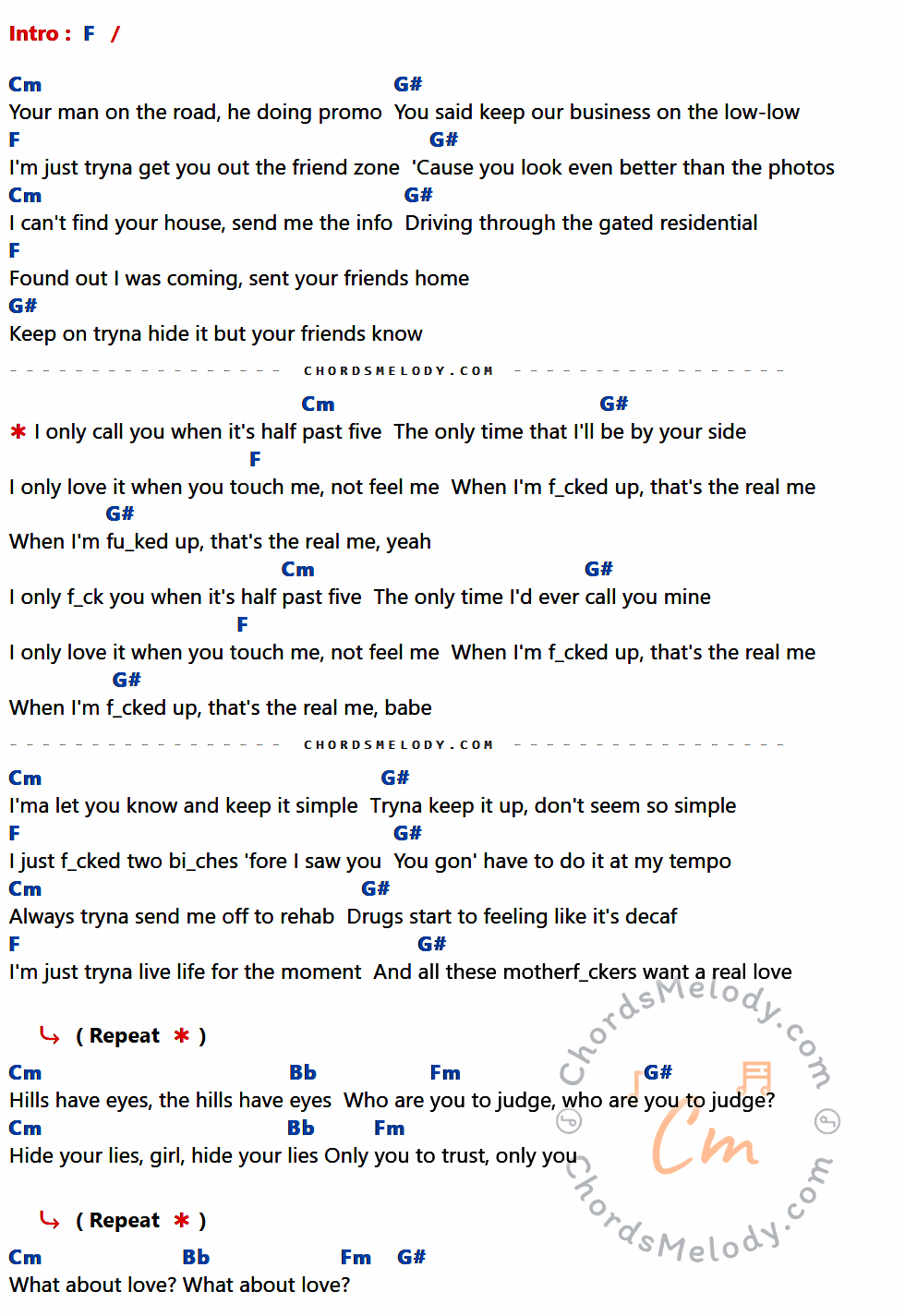 เนื้อเพลง The Hills ของ The Weeknd ที่มีคอร์ด ในกลุ่มคีย์ F,Cm,G#,Bb,Fm ประกอบ