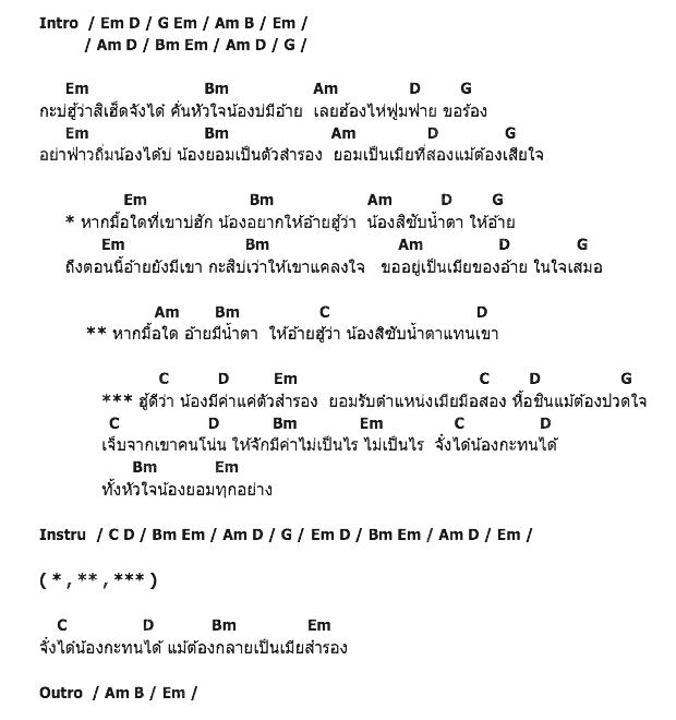 คอร์ดเพลง เนื้อเพลง เมียสำรอง, คอร์ดเพลง เมียสำรอง ของ บัวผัน ทังโส, คอร์ดเพลงของ บัวผัน ทังโส, เนื้อร้อง เมียสำรอง บัวผัน ทังโส, เมียสำรอง คอร์ดง่าย ๆ, คอร์ด เมียสำรอง ต้นฉบับ