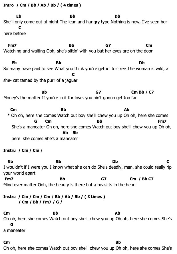 คอร์ดเพลง เนื้อเพลง Maneater, คอร์ดเพลง Maneater ของ Dary Hall John Oates, คอร์ดเพลงของ Dary Hall John Oates, เนื้อร้อง Maneater Dary Hall John Oates, Maneater คอร์ดง่าย ๆ, คอร์ด Maneater ต้นฉบับ