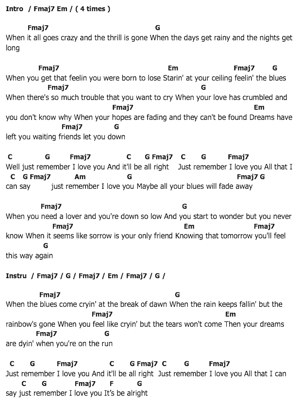 คอร์ดเพลง เนื้อเพลง Just remember I Love You, คอร์ดเพลง Just remember I Love You ของ Firefall, คอร์ดเพลงของ Firefall, เนื้อร้อง Just remember I Love You Firefall, Just remember I Love You คอร์ดง่าย ๆ, คอร์ด Just remember I Love You ต้นฉบับ