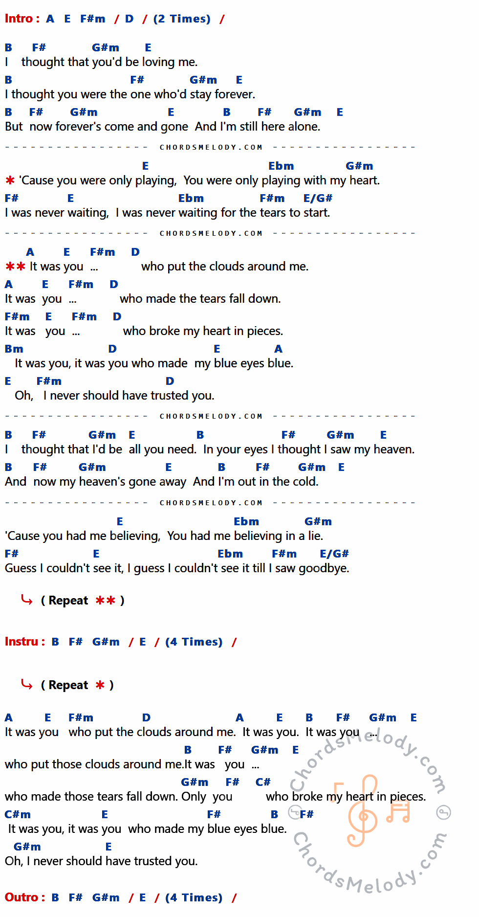 เนื้อเพลง Blue Eyes Blue ของ Eric Clapton ที่มีคอร์ด ในกลุ่มคีย์ A,E,F#m,D,B,F#,G#m,Ebm,E/G#,Bm,C#,C#m ประกอบ