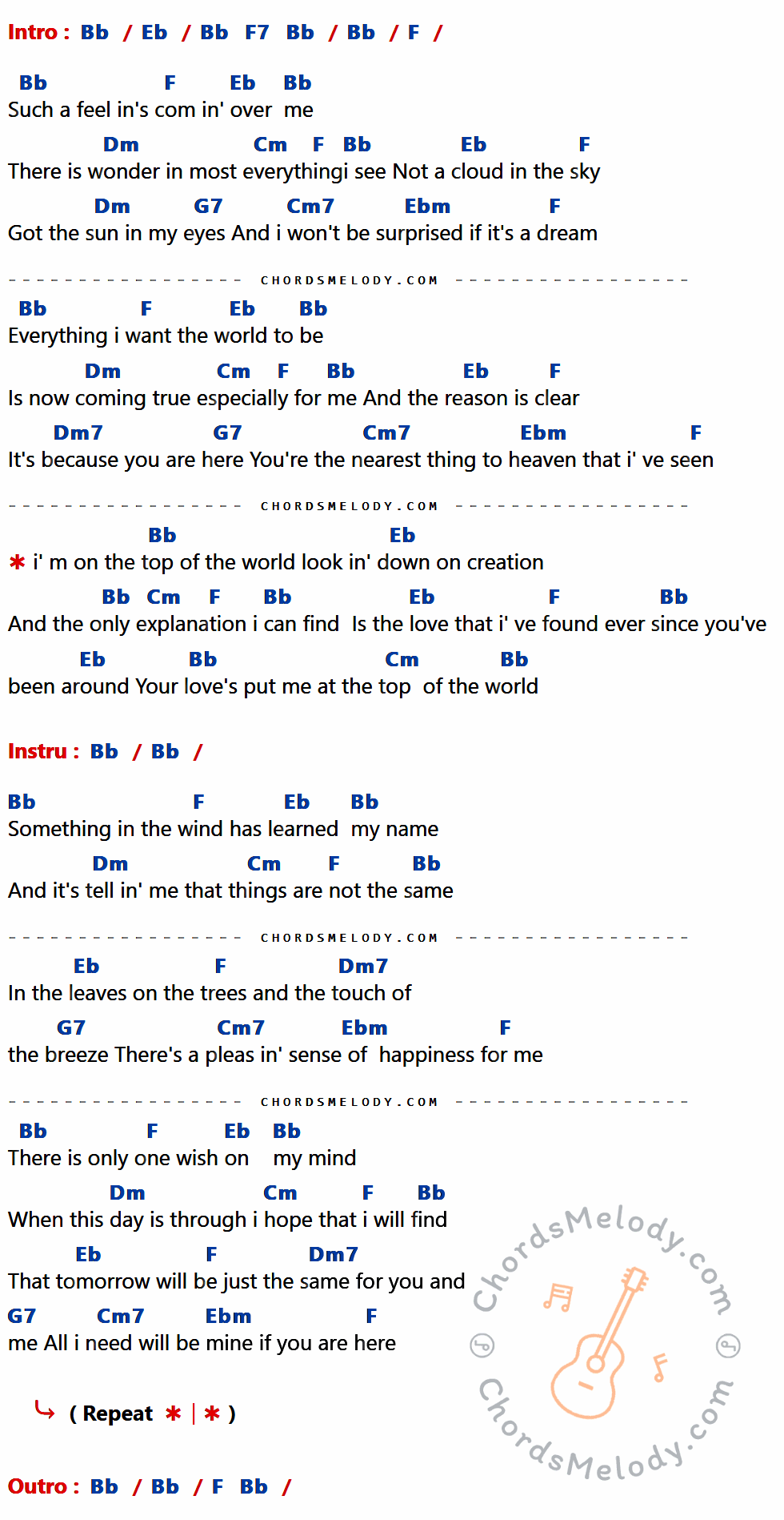 เนื้อเพลง Top Of The Worlds ของ Carpenters ที่มีคอร์ดกีต้าร์ Bb,Eb,F7,F,Dm,Cm,G7,Cm7,Ebm,Dm7