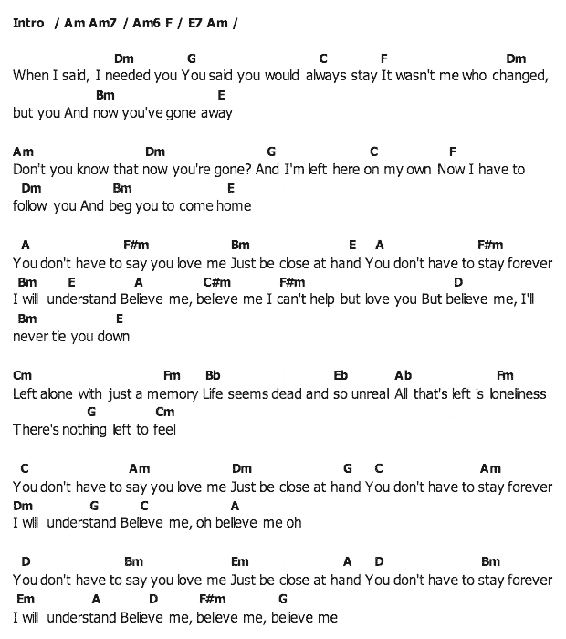 คอร์ดเพลง เนื้อเพลง You Don't Have To Say You Love Me, คอร์ดเพลง You Don't Have To Say You Love Me ของ Guys n Dolls, คอร์ดเพลงของ Guys n Dolls, เนื้อร้อง You Don't Have To Say You Love Me Guys n Dolls, You Don't Have To Say You Love Me คอร์ดง่าย ๆ, คอร์ด You Don't Have To Say You Love Me ต้นฉบับ