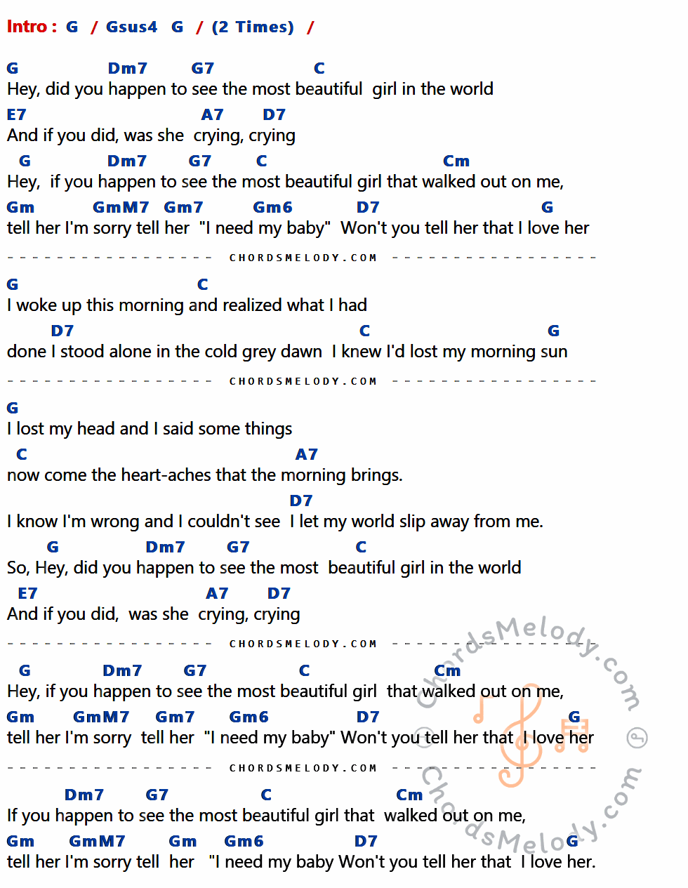 เนื้อเพลง The Most Beautiful Girl ของ Charlic Rich ที่มีคอร์ด ในกลุ่มคีย์ G,Gsus4,Dm7,G7,C,E7,A7,D7,Cm,Gm,GmM7,Gm7,Gm6 ประกอบ