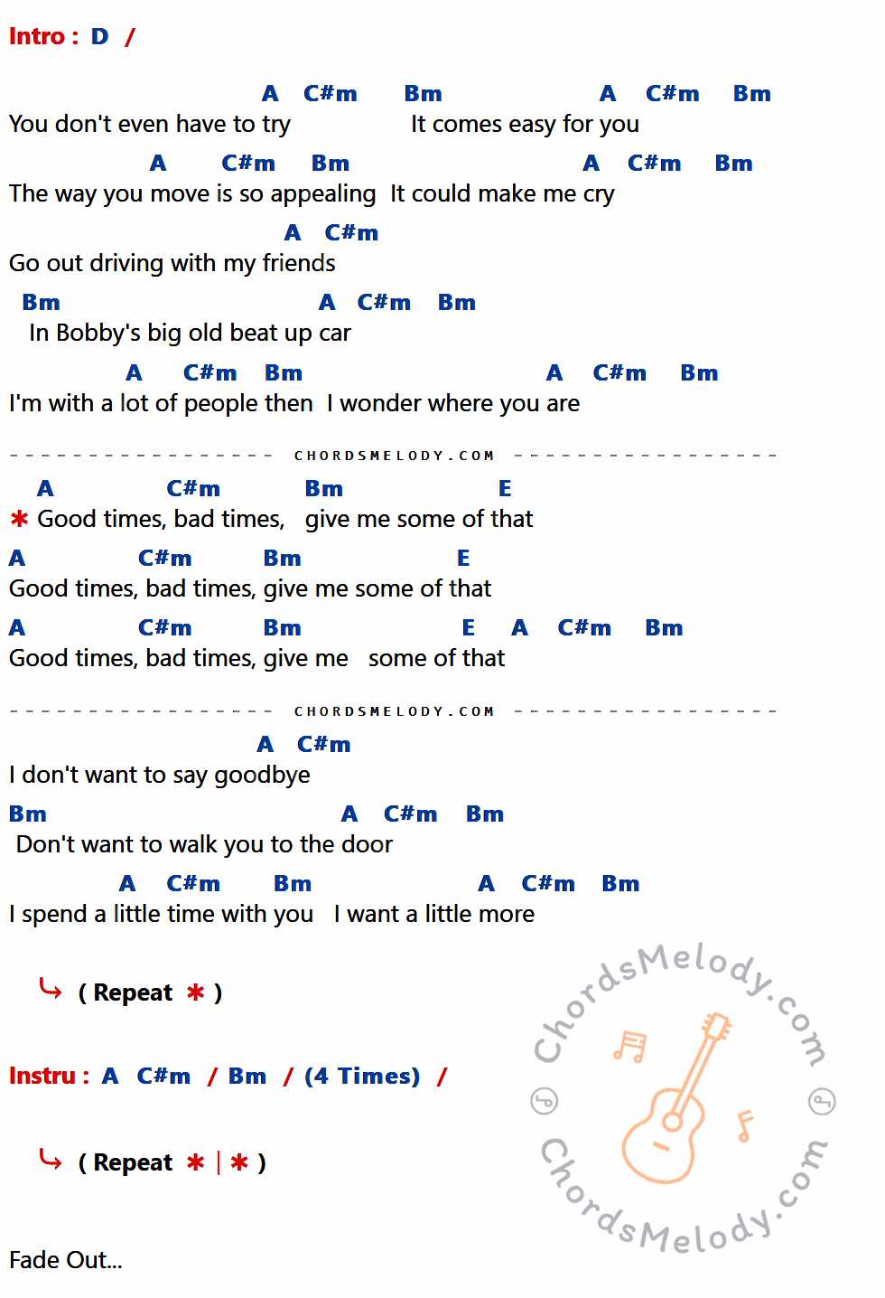 เนื้อเพลง Good Times ของ Edie Brickell ที่มีคอร์ดกีต้าร์ D,A,C#m,Bm,E