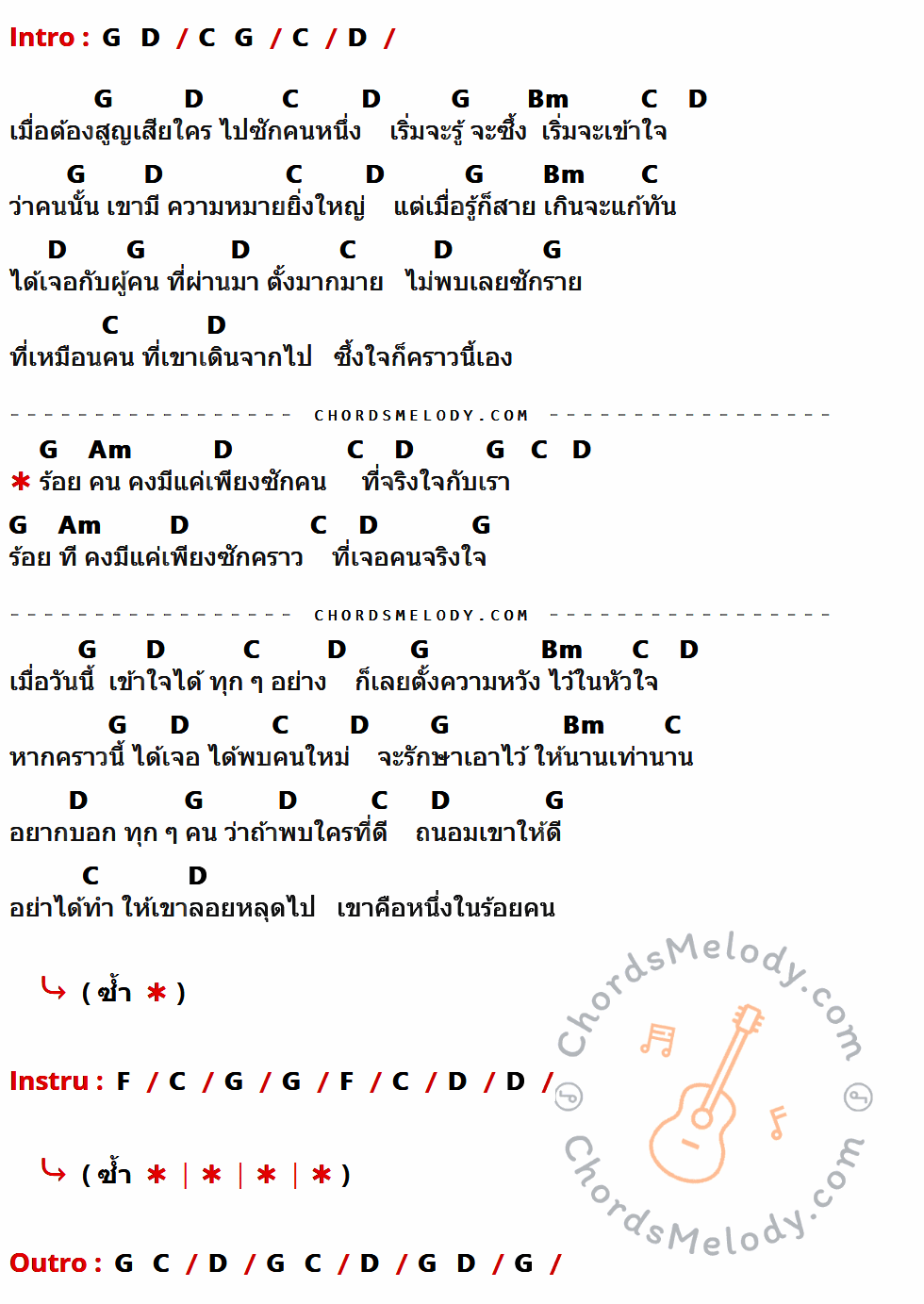 คอร์ดเพลง ร้อยคน - Inca เนื้อร้อง มีคอร์ดกีต้าร์ ในกลุ่มคีย์ C,D,G,Bm,Am,F กำกับ