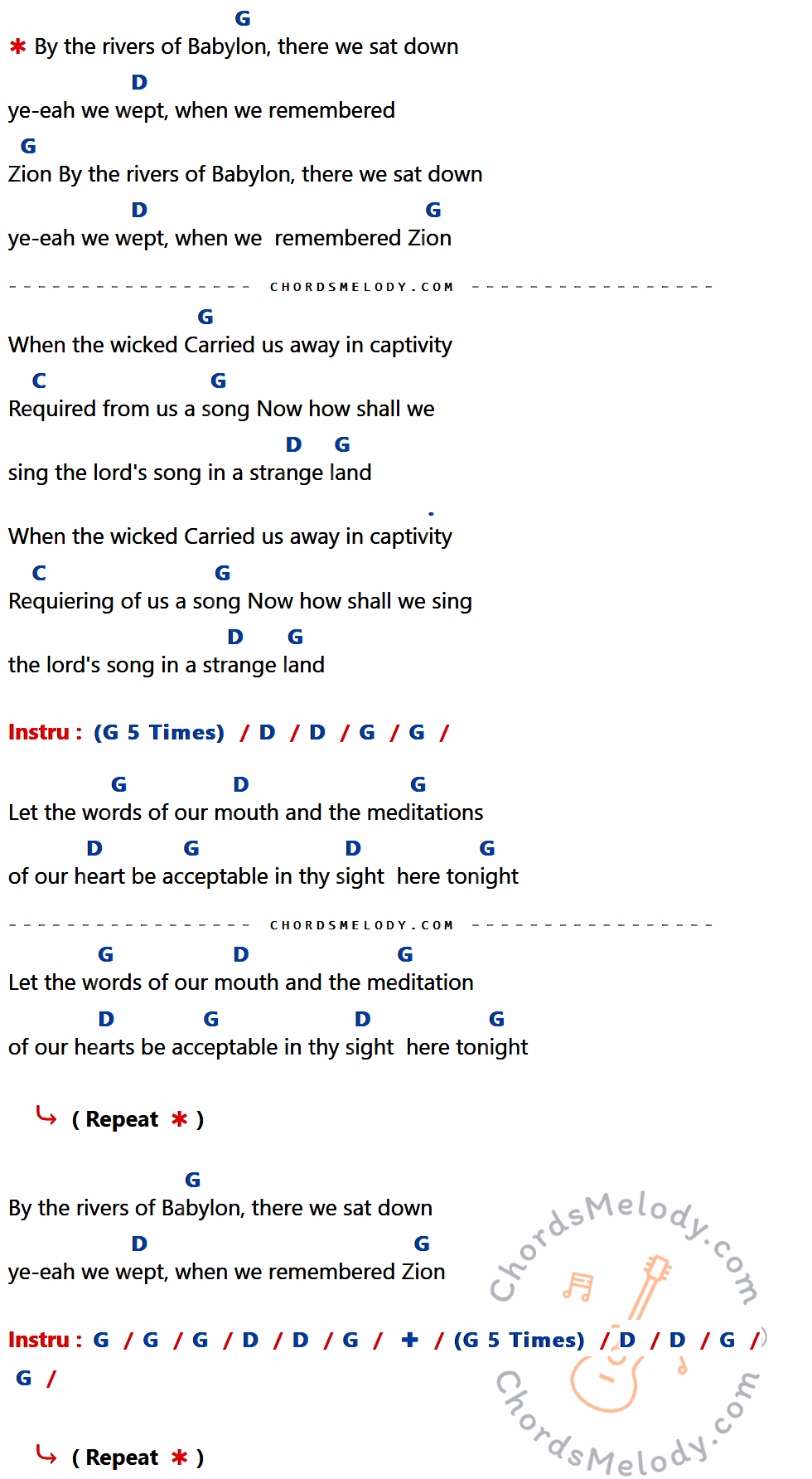 คอร์ดเพลง Rivers Of Babylon - Boney M เนื้อร้อง มีคอร์ดกีต้าร์ ในกลุ่มคีย์ G,D,C กำกับ
