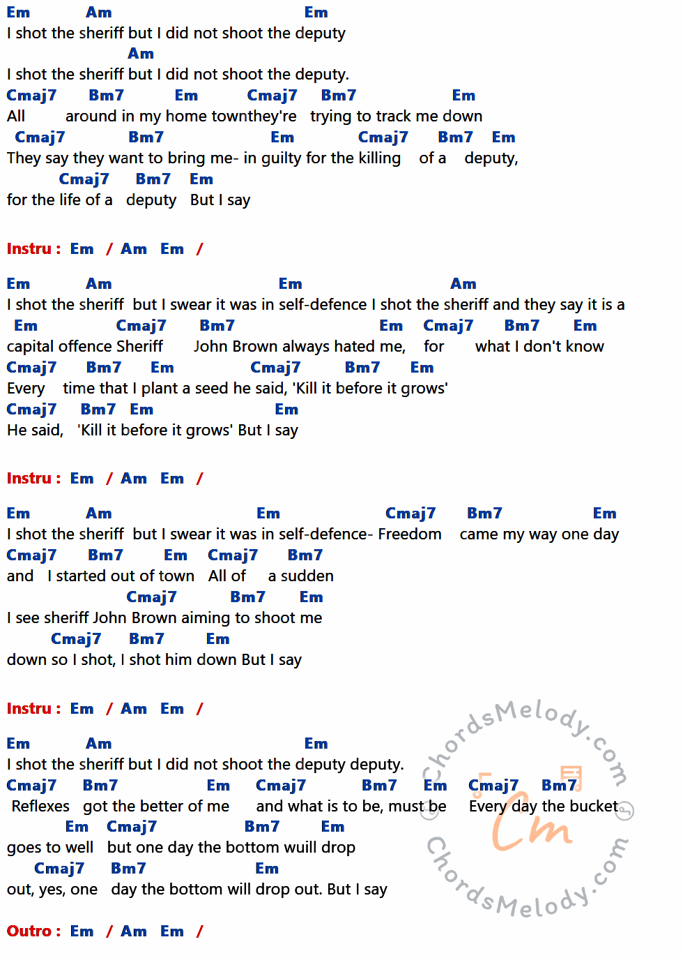 คอร์ดเพลง I Shot The Sheriff - Eric Clapton เนื้อร้อง มีคอร์ดกีต้าร์ ในกลุ่มคีย์ Em,Am,Cmaj7,Bm7 กำกับ