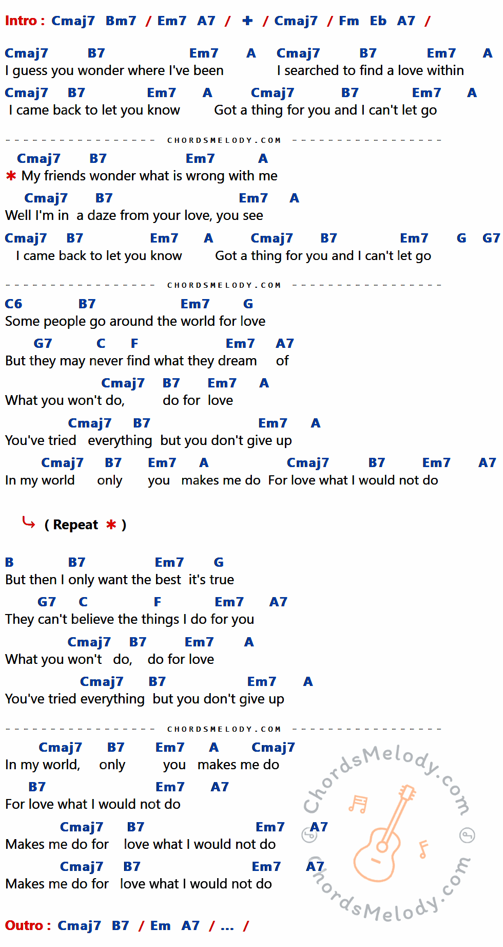 คอร์ดเพลง What You Won't So For Love - Bobby Caldwell เนื้อร้อง มีคอร์ดกีต้าร์ ในกลุ่มคีย์ Cmaj7,B7,Em7,A,G,G7,C6,C,F,A7,B กำกับ