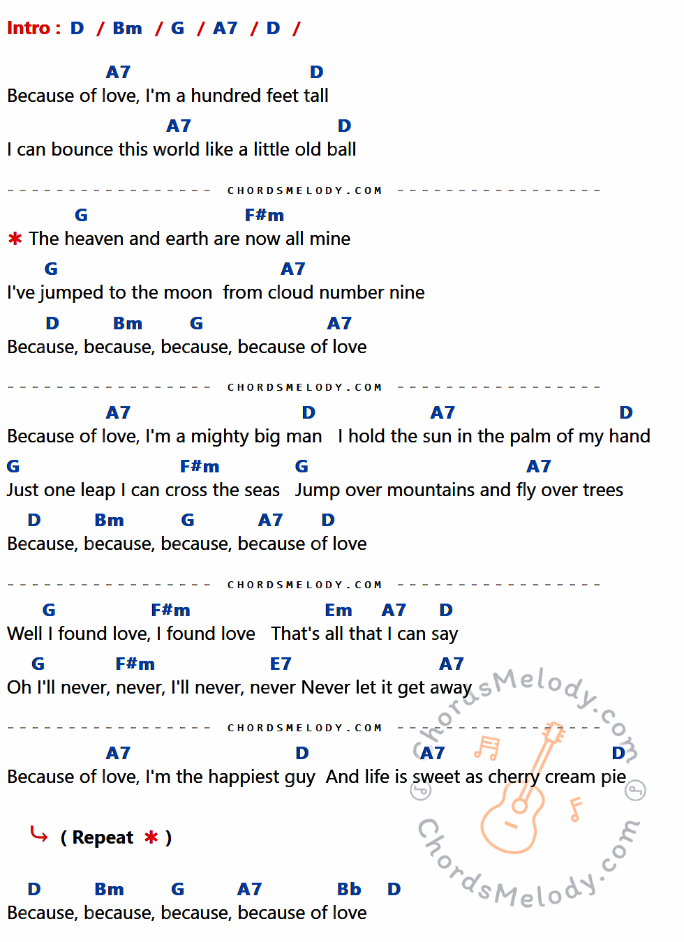 คอร์ดเพลง Because Of Love - Elvis presley เนื้อร้อง มีคอร์ดกีต้าร์ ในกลุ่มคีย์ D,Bm,G,A7,F#m,Em,E7,Bb กำกับ