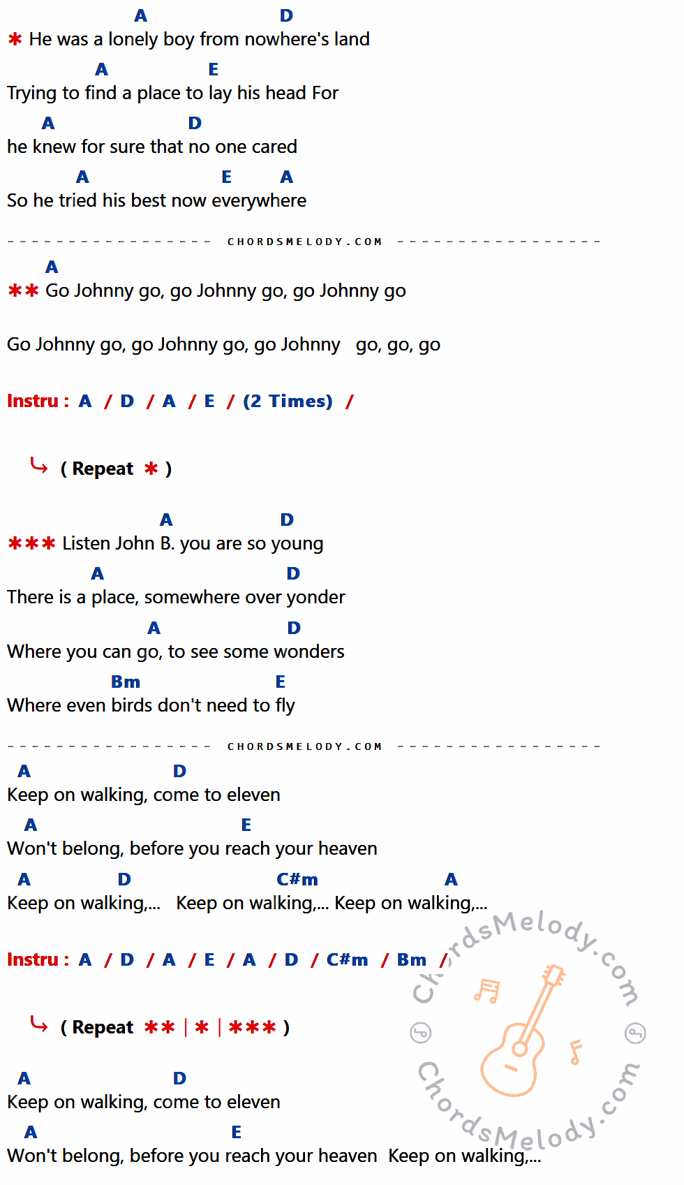 คอร์ดเพลง Go Johnny Go - Reuption เนื้อร้อง มีคอร์ดกีต้าร์ ในกลุ่มคีย์ A,D,E,Bm,C#m กำกับ