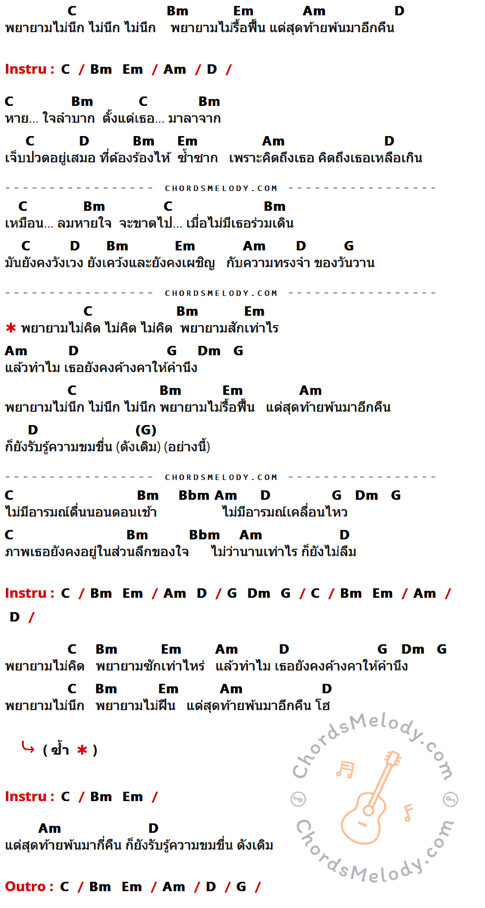 คอร์ดเพลง พยายามไม่คิด - ฮอน เนื้อร้อง มีคอร์ดกีต้าร์ ในกลุ่มคีย์ C,Bm,Em,Am,D,G,Dm,Bbm กำกับ