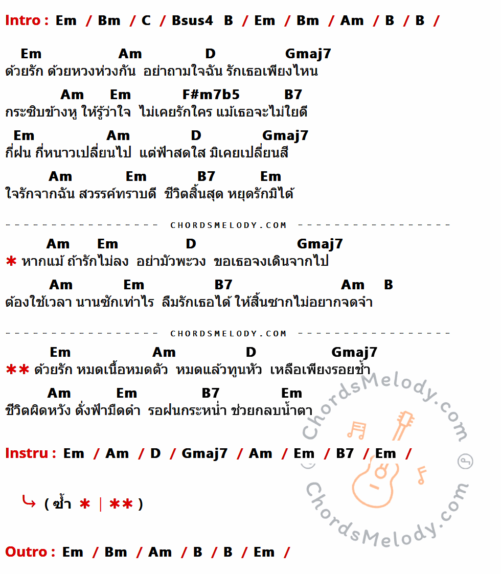 เนื้อเพลง รอฝน ของ กุ้ง ตวงสิทธิ์ เรียมจินดา มีคอร์ดกีต้าร์ ในคีย์ที่ต่างกัน Em,Bm,C,Bsus4,B,Am,D,Gmaj7,F#m7b5,B7