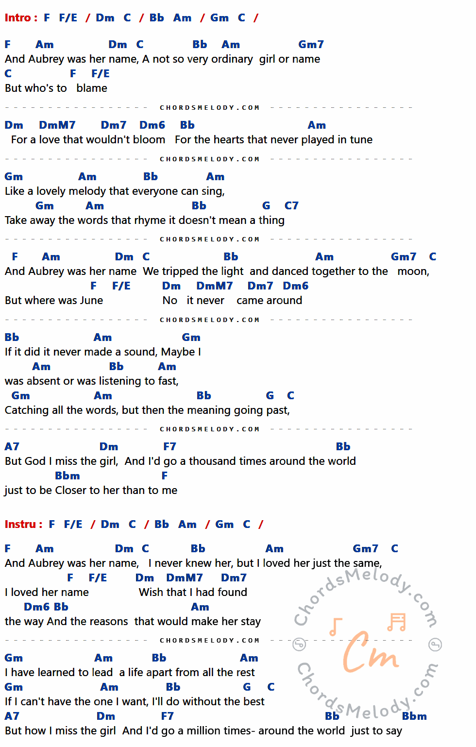 เนื้อเพลง Aubrey ของ Bread มีคอร์ดกีต้าร์ ในคีย์ที่ต่างกัน C,C/B,Am,G,F,Em,Dm,Dm7,AmM7,Am7,Am6,D,G7,E7,C7,Fm